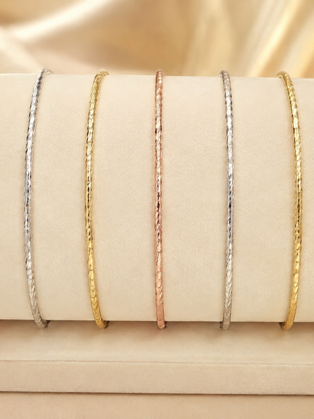 Classic Mixed 3 Tones Laminated 14k. Gold Textured Bangle Set 7 Pieces.